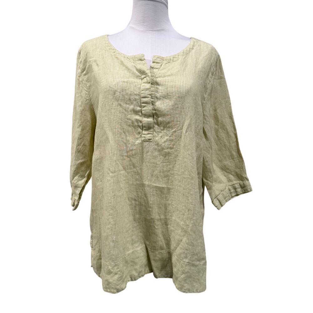 J. Jill Love Linen Green White Striped Tunic Top Large 100% Linen Chic Coastal